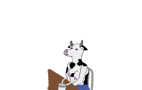 A cow in pants sitting on a gray chair. They have human-like breasts that are attatched to a milking machine that stands on a brown table.