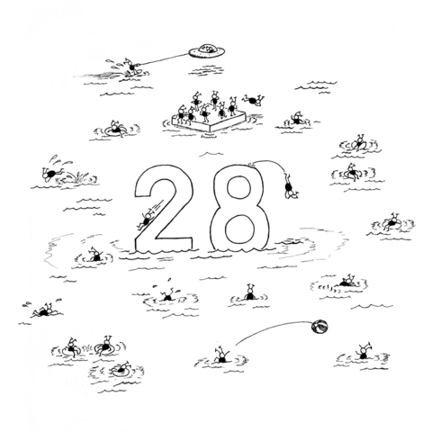 28 Martians engage in various watersports. Swimming, diving, tubing, and the like. A large number 28 floats in the middle.