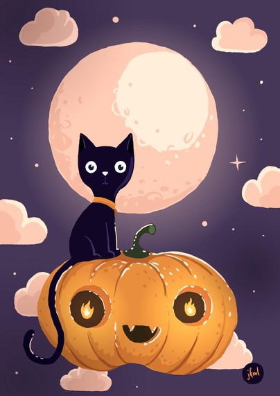 Illustration of a cat sitting on a carved pumpkin that is flying through the air, with a full moon and clouds in the background. The pumpkin has vampire teeth and tiny Will-o'-the-wisps in it's eyes.