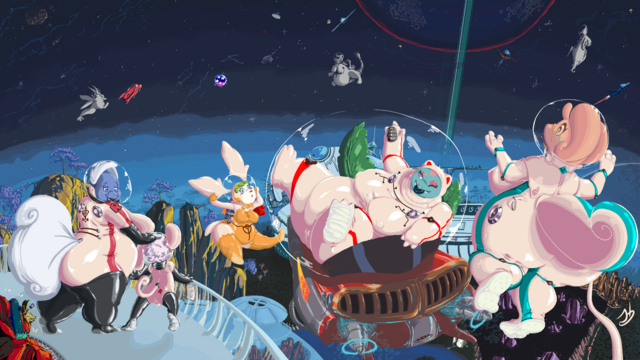 A big retro future-ism scene with multiple Pokemon (Mainly Wartortle with Rattata, Shymin Sky Forme, Ivysaur and Goodra on the foreground. All in some form of BBW/overweight and wearing skin tight space suits. All to a backdrop on a planet where you can also see above the atmosphere into space and above.