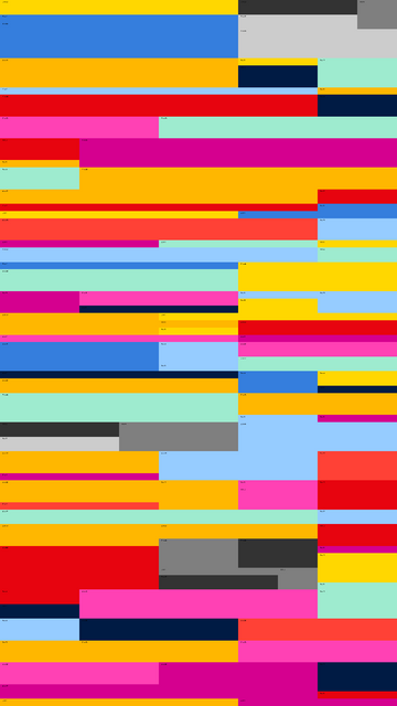 Dozens of colorful rectangles of different sizes in a complex space filling arrangement, creating an abstract stripey, non-repeating pattern. No margins between individual shapes.
