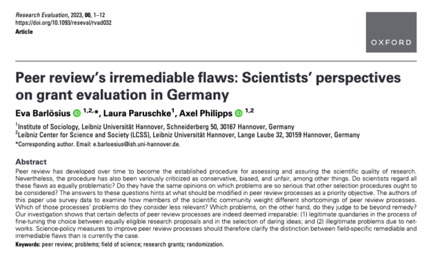 Eva BarlÃ¶sius, Laura Paruschke, Axel Philipps, Peer reviewâ€™s irremediable flaws: Scientistsâ€™ perspectives on grant evaluation in Germany, Research Evaluation, 2023;, rvad032, https://doi.org/10.1093/reseval/rvad032