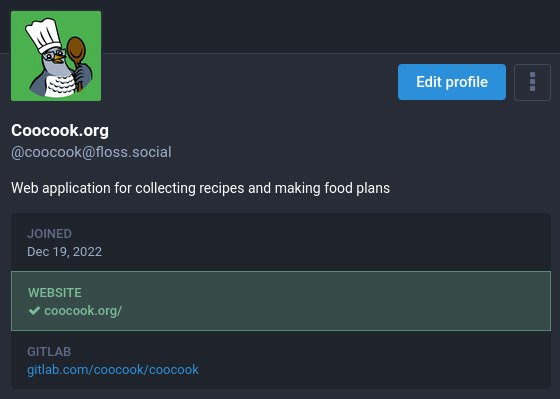 Screenshot of Coocook’s Mastodon profile with green verified link to coocook.org