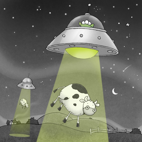 Two flying saucers beaming up cows in the night sky