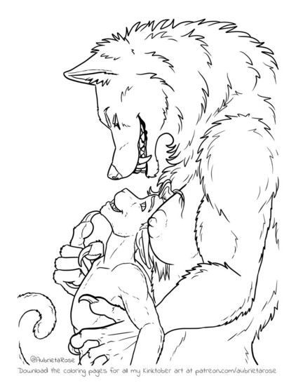 A large, muscular female werewolf holds a smaller male anthro cat, using a sharp claw to tilt his head up to face her. Both are smiling, though he looks nervous.