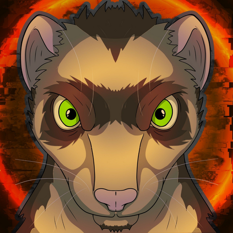 Symmetrical portrait of a sandy coloured ferret with brown markings and green eyes looking forward on a fiery orange background