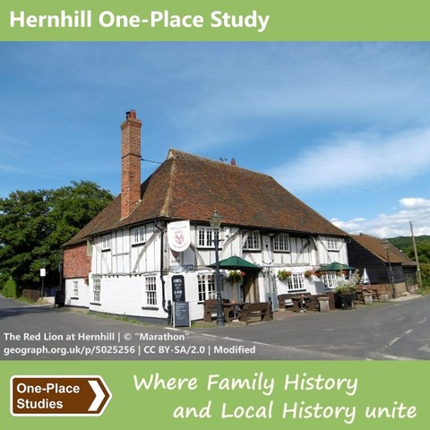 Hernhill One-Place Study
Photo: The Red Lion pub at Hernhill, a two-storey, half-timbered building with a tiled, hipped roof and a tall chimney stack rising from the left side.
One-Place Studies, where family history and local history unite.