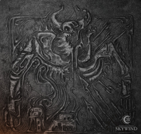 A bas relief carving in stone. A horned humanoid figure takes up the majority of the frame, horns comig from its skull and a beard taking up its lower face and much of its chest. Bare ribs are visible, and its hands are clawed. Beneath it, a town burns. The figure has been impaled by many arrows or spears, and more are hurtling toward it. A few words of Dunmeri script are visible across the carving.