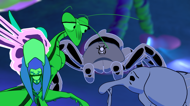A cartoon mantis, tarantula, and weevil. The mantis is flirting with the weevil, with the tarantula looking confused in the background.