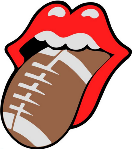the rolling stones tongue and lips cartoon design, but instead of a red tongue, it is a brown football coming out