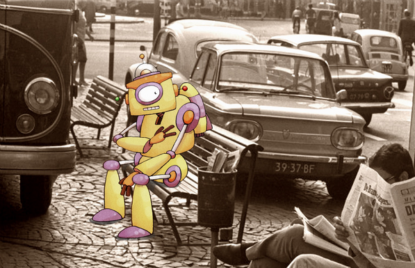 A lonely yellow robot sitting on a bench and trying to reach out to a human being