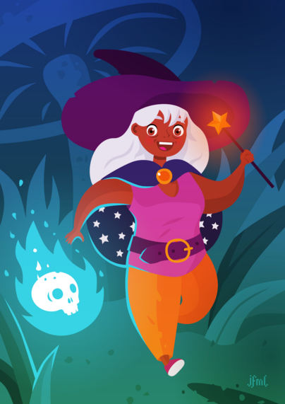 Illustration of a tiny grandma fairy (she's smaller than a mushroom that can be seen in the background) with brown skin, white hair and a giant witch's hat. She's holding a magic wand with a star on it's tip and i running along the undergrowth, talking to her glowing skull friend.