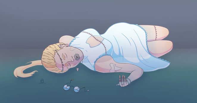 a digital drawing of a blonde and pale woman with sharp teeth laying on the floor in water. She wears a wear dress, a shark tooth necklace and has a bite mark on her cheeck. Her teeth are sharp and brocken glasses lay in front of it. She mood is ominous and a bit unsetteling.