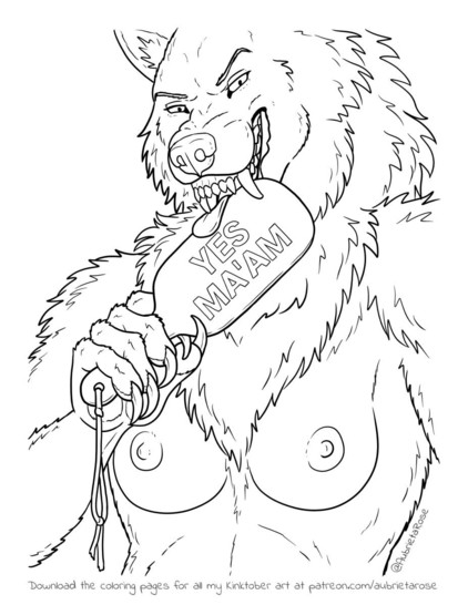 Line art of a muscular, nude female werewolf holding a paddle sex toy with the words "Yes ma'am" carved on it, running her tongue along the edge of it with the tip between her teeth.