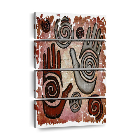 Healing Hands Fresco by OLena Art at ElephantStock. Canvas print of energy healing fresco art featuring a human hand with a healing touch against a maroon, white, and russet background."