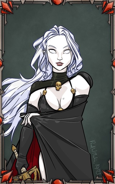 A drawing of the character Lady Death from the eponymous comic series. She's looking towards the viewer, pulling her cloak across her body.