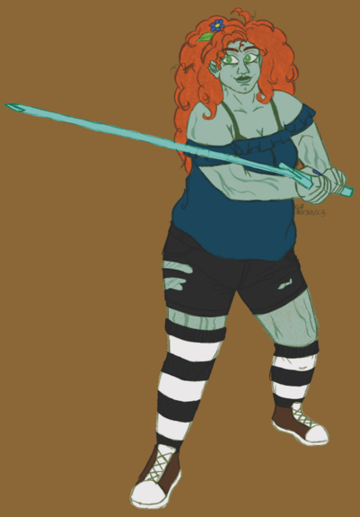 A digital illustration of Minecraft YouTuber ZombieCleo, semi-realistic, brandishing a diamong sword with a smile. There is no shading.
Her hair is bright ginger and very curly, reaching her mid-back. Her skin is green and littered with stretch marks along her arms and legs.
She wears a navy blue off the shoulder shirt and black short shorts, with black and white striped kneesocks and brown sneakers.
Her face, arms, and legs have whispers of ginger hair on them.
She is chubby and has a few wrinkles on her face, as well as some plant matter stuck in her hair.