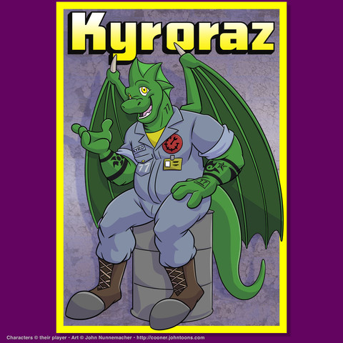 Premium badge for Kyroraz, featuring a green dragon-like character with spines on his head, wings, and tattoos on his forearms, sitting on an industrial barrel, wearing a full-body grey jumpsuit and brown boots. He’s smiling and waving to the viewer.