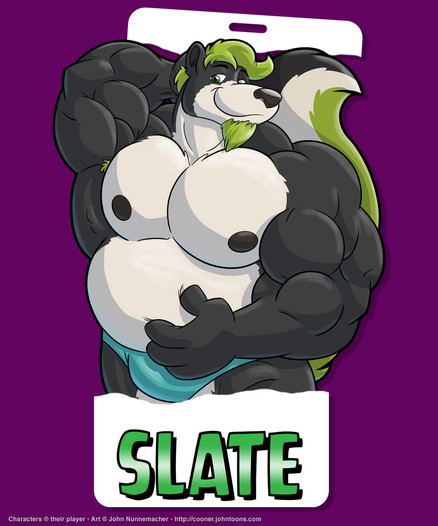 Big Guy badge for Slate, a skunk with green hair, green chin beard, and black, white, and green stripes on his tail. He's got a muscular but chubby powerlifter build, with one arm behind his head and the other on his stomach, smiling to the viewer.