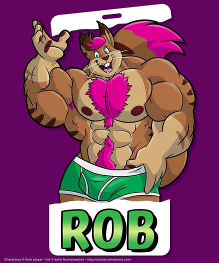 Big Guy badge for Rob, a muscular brown squirrel with dark stripes on his arms and back and tail, light brown paws and chest, and dark-tipped ears, with pink patches on his hair, chest, treasure trail, and tailtip. He's smiling and waving to the viewer.