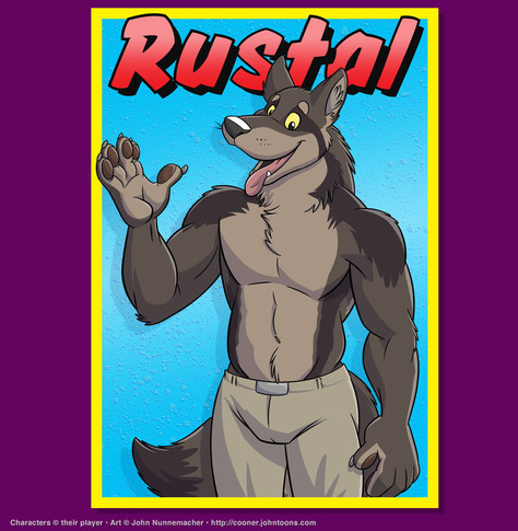 Premium badge for Rustal, a grey wolf with yellowish eyes, dark patches from his eyes down the sides of his neck to his shoulders and around his abs, with lighter brown muzzle, eyebrows, and chest. He's wearing beige slacks, barechested, and waving with one hand to the viewer while smiling with his tongue lolled out.
