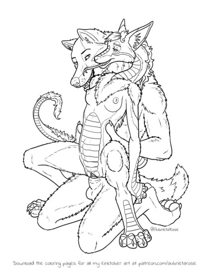 A male werewolf kneeling with a female fox-like dragon crouches with her back to him, penetrated with the outline of his penis bulging visible along her stomach.
