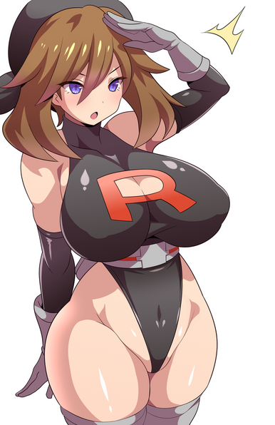 may in a very skimpy team rocket swimsuit thing with large breasts