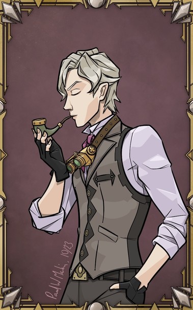 A drawing of Herlock Sholmes from the Great Ace Attorney Chronicles. He's taken off his coat, and is posing in profile with his pipe in his mouth.