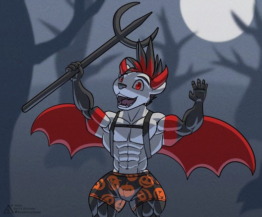 Furry art of my character Delta. He is an anthropomorphic weasel with a muscular build. He is in a simple Halloween devil costume with little horns, strapped on wings, and a pitchfork. He is raising his arms and smiling widely at the viewer. He is in a simple dark, spooky forest background.