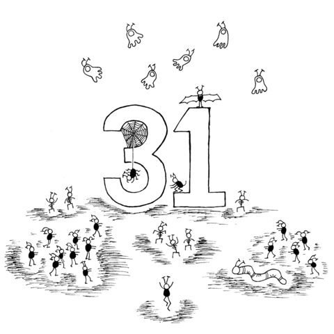 A large number 31 is terribly haunted. There are martian ghosties, zombies, and skeletons. There is also a spider martian, a weremartian, a vampire bat martian, and a snake martian. A single regular Martian wisely flees the scene.