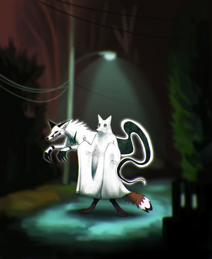 A ghost fox an anthro fox below a white sheet are standing on a road, which is lit by one street light. Digitally drawn.