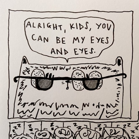 Fraser is wearing special glasses that turn the spidergiants into fried eggsâ€¦ BUT the other eggs are hiding behind the glasses and providing eyesight.