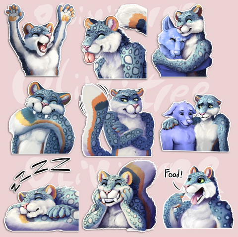 A set of nine stickers of a snow leopard character called Gallen, excited, sticking tongue out, hugging, nomming tail, annoyed, supportive hug, snoozing, happy lean, food!