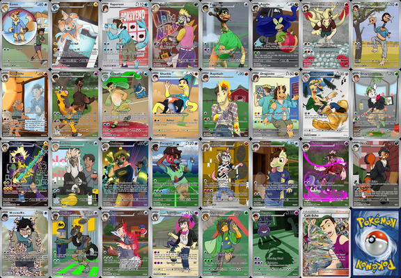A poster-styled sheet of custom Pokémon Trading Card Game cards, arranged in four rows of eight columns.