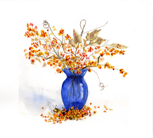 Watercolor painting, square format: blue glass vase holding a lot of bittersweet stems some with curlicue vineyard ends. There's a pile of what fell off or got trimmed at the base of the vase. There are a few leaves from whatever the bittersweet was climbing on.