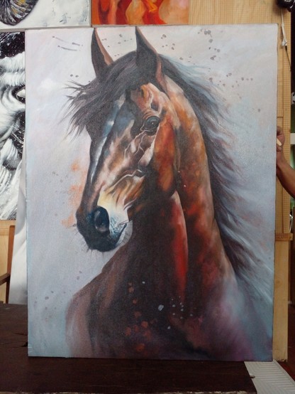 a painting of a black-dark brown horse's head, the background abstract tones with some paint splatter effects, he has black down his nose and black hair and dark brown body