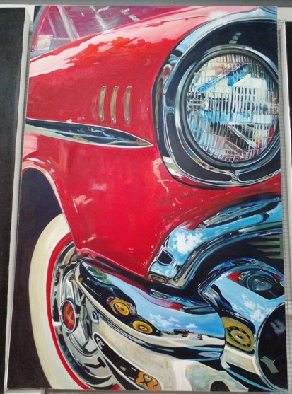 a painting of a section of a front end of a '57 Chevy, the paint is red and bright, the chrome is shining and lots of reflections are seen in it
