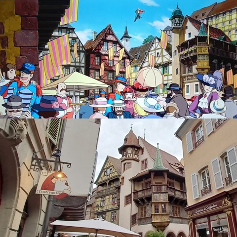 Comparaison entre un plan du « Château ambulant » et une photo du centre-ville de Colmar