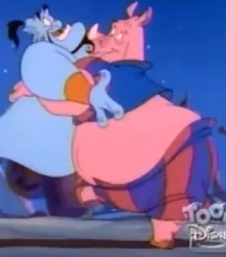 Rhino 'Samir the Destroyer' from Aladdin the animated series, seen dancing with Genie.
