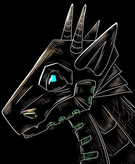 Dark stylised portrait of a brass synthetic dragon hybrid with glowing green lights on the lower jaw and neck and a glowing cyan pupil