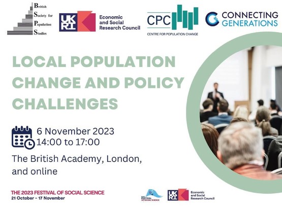Image shows people sitting in audience listenting to a speaker stood at the front of the room. Logos are for the British Society for Population Studies, Economic and Social Research Council, Centre for Population Change and Connecting Generations. 

Text reads: 

Local population change and policy challenges

6 November 2023
14:00-17:00

The British Academy, London, and online

The 2023 ESRC Festival of Social Science, 21 October - 17 November