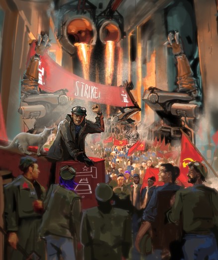 Illustration depicting a communist faction striking in a silicon or steel smelting factory. Building-sized robotic arms mirror the defiant pose of the worker giving the commies a rousing speech. Red and yellow flags all over the place. A banner in the background reads: "Strike!".