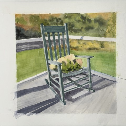 In progress Watercolor painting, square format: teal-ish green rocking chair sitting on small deck with a bouquet of hydrangea on the seat. Beyond the chair is lawn and a suggestion of trees.