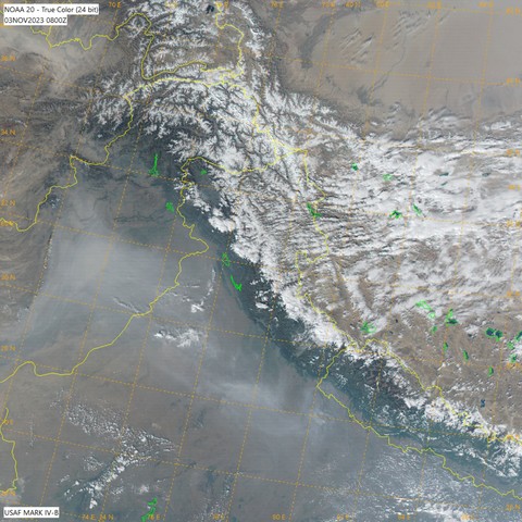 NOAA-20 true color image of northwestern India and eastern Pakistan depicting the smog/smoke that has caused extremely poor air quality. Image collected 03 November at 0800 UTC.
