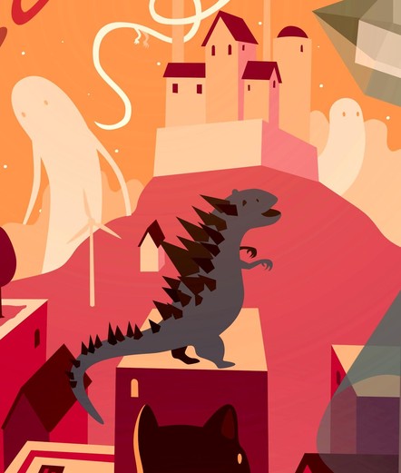 A Godzilla-like creature standing on top of a building looking at a castle on a top of a hill, surrounded by giant ghosts?