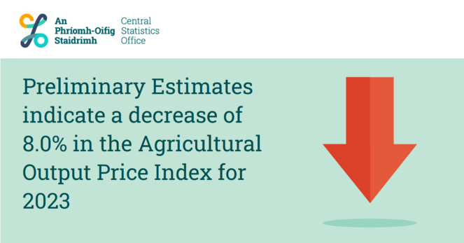 This is an image of a red down arrow highlighting today's Agricultural Price Indices Preliminary Estimates 2023 release. The headline is:
Preliminary Estimates indicate a decrease of 8.0% in the Agricultural Output Price Index for 2023.