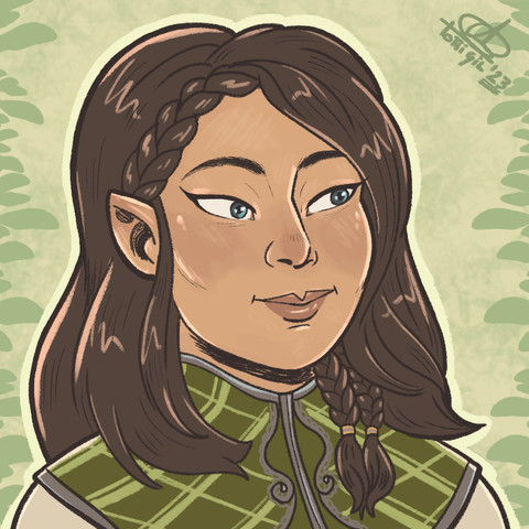 Digital art portrait in a cartoony style. This is an icon/profile picture. It's a hobbit young woman with her brown hair down, although she has one big braid on her right and two smaller ones coming from the back of her head to her shoulder. She is wearing green and beige clothes with some plaid like pattern. Her eyes are dark teal of sorts and her skin is a light brown on the yellower side of undertones. Her ears are chubby and pointy.