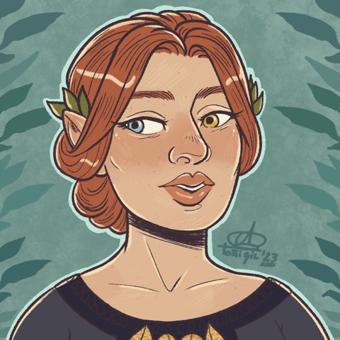 Digital illustration portrait in a cartoony style for a profile picture or icon. This is a hobbit young woman with orange hair up in a low bun on the back of her head. Her skin is pale and rosy, with freckles all over her face. Her lips are big just like her eyes (one blue and one gold). She has some green leaves as ornament for her hair. She is wearing a dark blue dress with a big round neck line from shoulder to shoulder, and in the middle of the dress in the chest area we can see the tops of golden brown leaves.