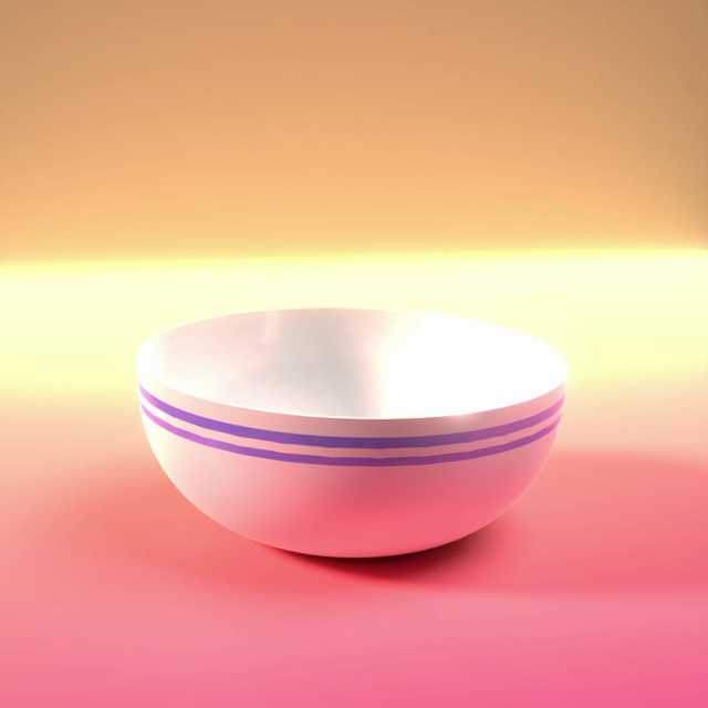 A short 3D render of a cereal bowl with funky physics bouncing off the ground and then getting pummeled with a pile of colorful O-shaped cereal.