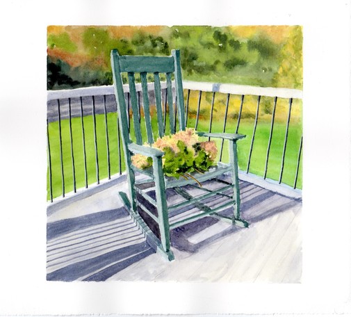 Watercolor painting, square format: teal-ish green rocking chair sitting on small deck with a bouquet of hydrangea on the seat. Beyond the chair is lawn and a suggestion of trees.